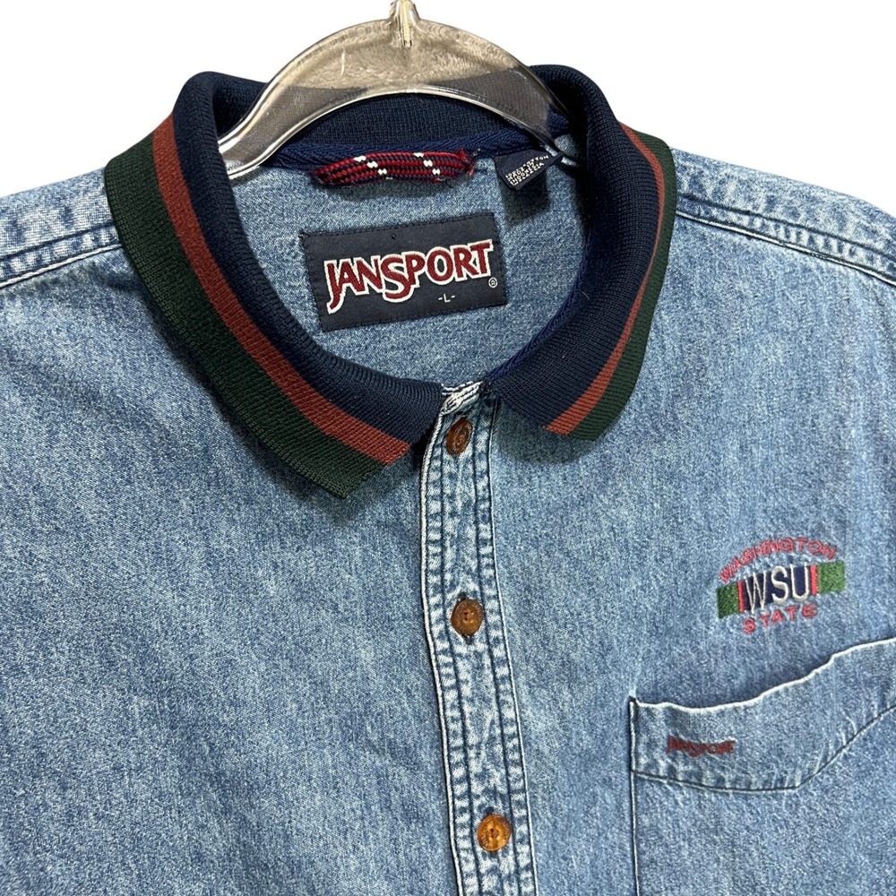 90s Retro Dad Grunge JanSport WSU Cougars Denim Polo Stripe Shirt Lg Collegiate